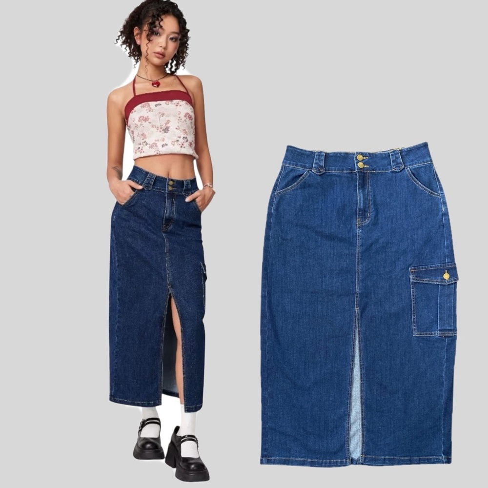 CIDER Denim Maxi Long Skirt High Waist Slit Pocket Belt Loop Button Zipper Sz XL